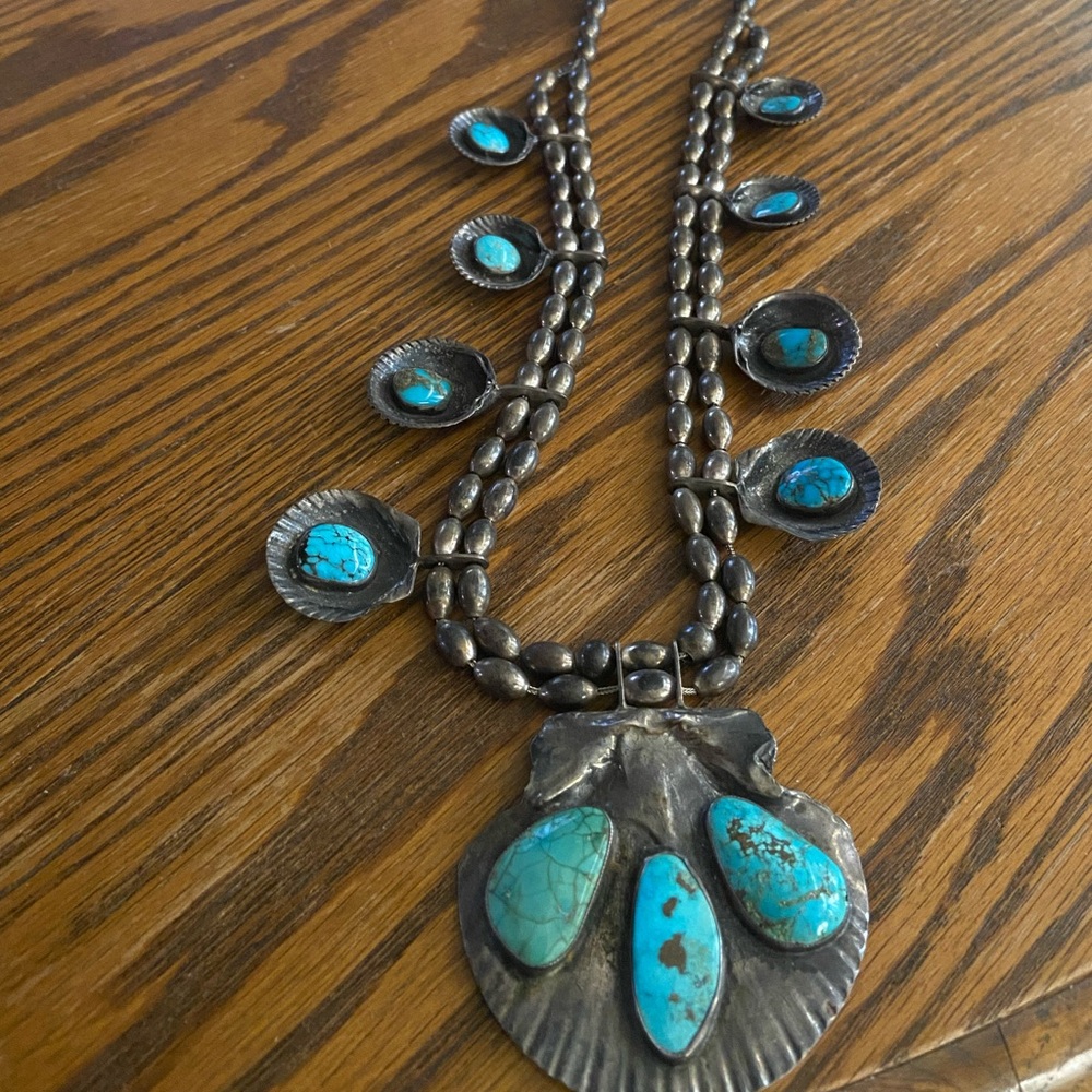 Turquoise Statement Pendant Necklace - Blue Silver Southwestern Squash blossom.